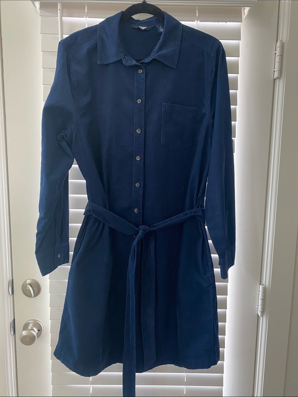 Lands' End Navy Corduroy Long-Sleeve Shirt Dress with Tie Waist with pockets